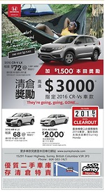 Surrey Honda 指定2016款CR-V車款清倉獎勵高達3000元